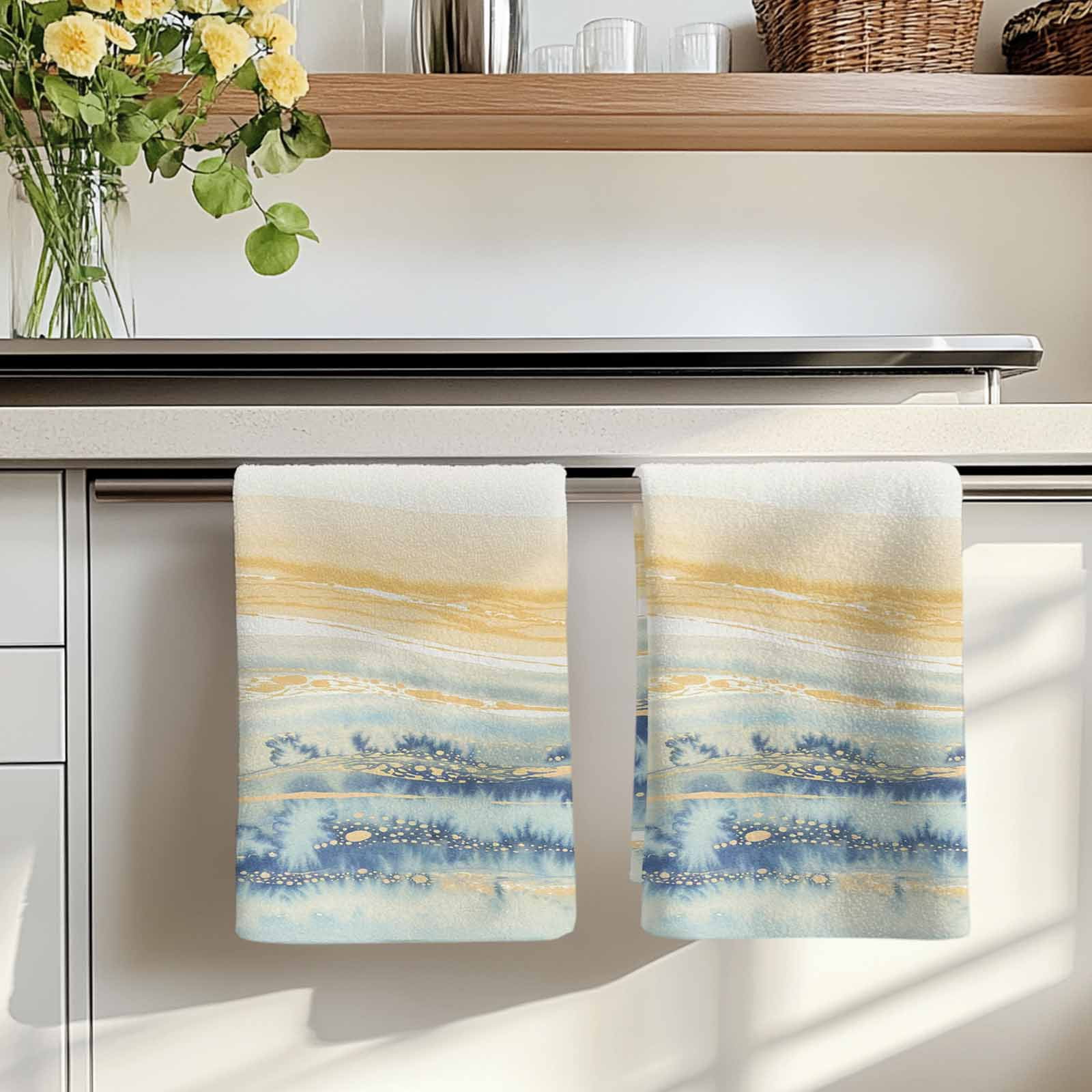 Dish Towels, Yellow Blue Marble Absorbent Kitchen Towels 2 PCS, Abstract Fluid Microfiber Hand Towels Dish Cloths Tea Towels for Home&nbsp;Bathroom Cleaning Drying,18X28-Inch,