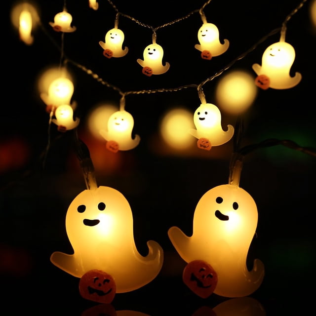 2Pcs Halloween String Lights LED Skeleton Pumpkin Ghost Bat Hanging Fairy String Lights Waterproof Battery Powered for Window Courtyard
