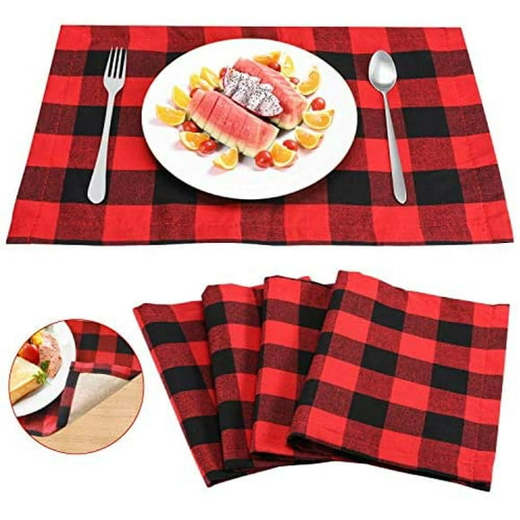 Christmas Placemats Red and Black Placemats - Farochy Buffalo Plaid Placemats Buffalo Check Placements Cotton TabClaret Mat 4pcs, 12 x 18 Inch