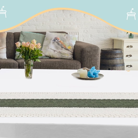 FUTUREORYY Cotton Linen Table Runner Rustic Green Polyester for Farmhouse Decor with Knotted Tassels