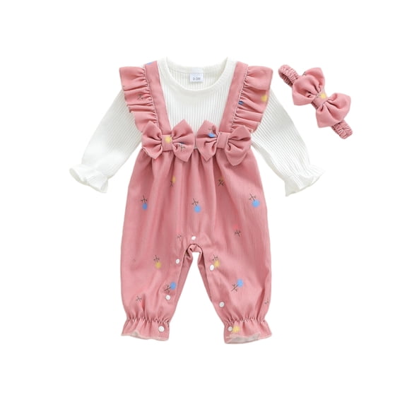 BemeyourBBs Newborn Newborn Baby Girl Spring Fall Winter Clothes Long Sleeve Romper One Piece Floral Strawberry Print Fake Two Pieces Patchwork Jumpsuit Headband Cute Infant Outfits