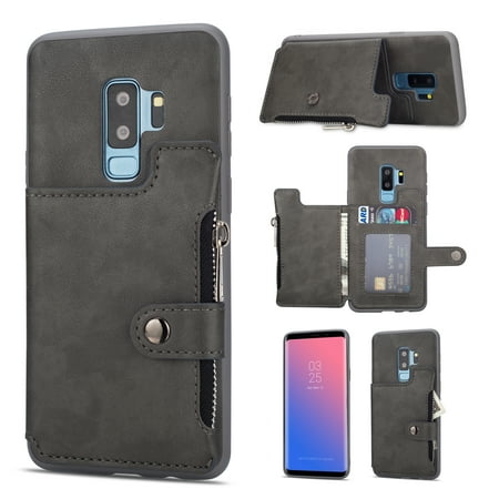 - Galaxy S9 Plus Case, S9+ Case, Allytech PU Leather Slim Fit Heavy Duty Defender Shock-Absorbing Cards & Cash Holder Cover w/ Zipper Stand Wallet Cover for Samsung Galaxy S9 Plus, Gray