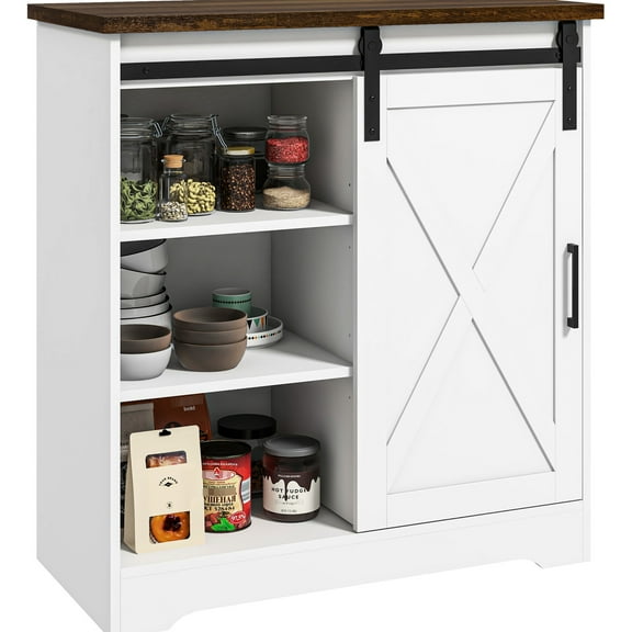 Kitchen Cabinet Buffet - 33" Sideboard With Sliding Barn Door And Adjustable Shelves, White Storage Shelf