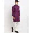 thumbnail image 5 of eloria Men's Traditional Solid Purple Pleated Cotton Blend Thread Work Kurta Pyjama set, 5 of 7