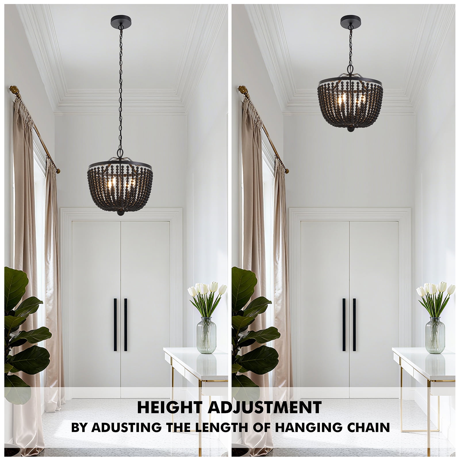 Vintage Metal Chandelier with Beaded Strings（Bulb Not Included）, 16.5inch Wide 4Light Ceiling Fixture for Dining Room & Bedroom, E27 Socket