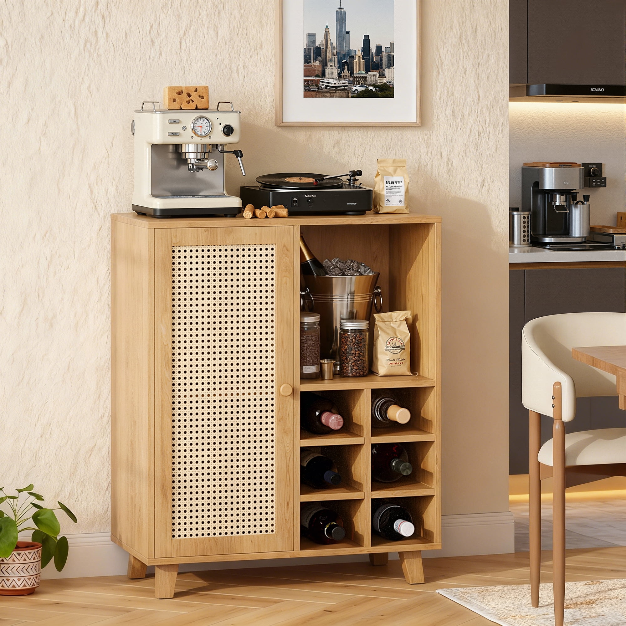 MAYEERTY Rattan Sideboard Cabinet with Wine Racks, Versatile Storage for Kitchen & Entryway, Natural