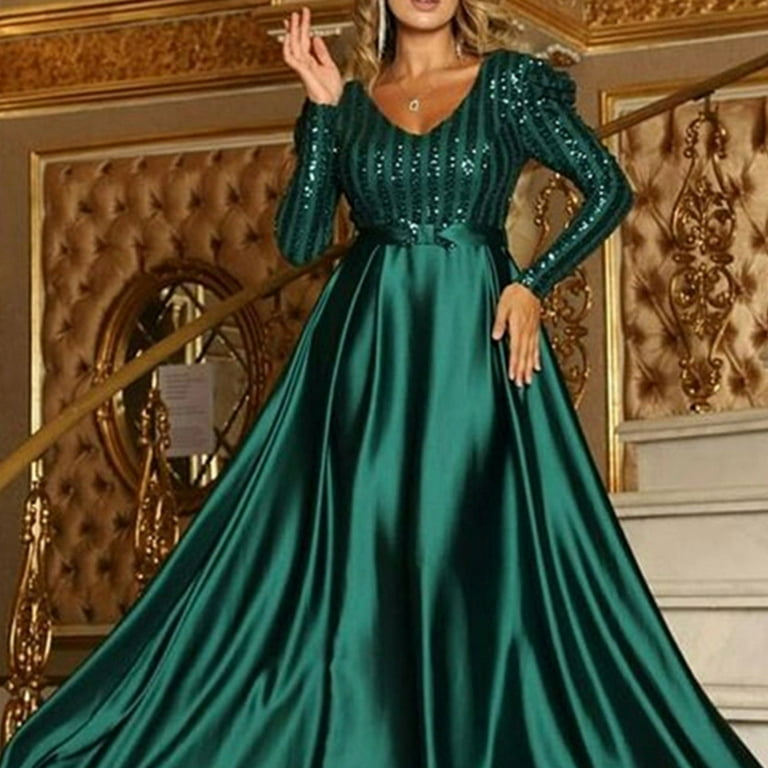 green emerald velvet dress Berylove Women Maxi Mother Dress Sparkly Dark Green Plus Size A Line Tulle Wedding Party Guest Dress with Sleeves, Dark Green / 3XL main image 1
