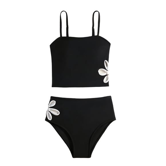 RXMEKW Two-Piece Swimsuit Set for Girls with Floral Hollow-Out Suspenders and Solid Color Design, Beach Pool Party Outfit for Kids and Toddlers