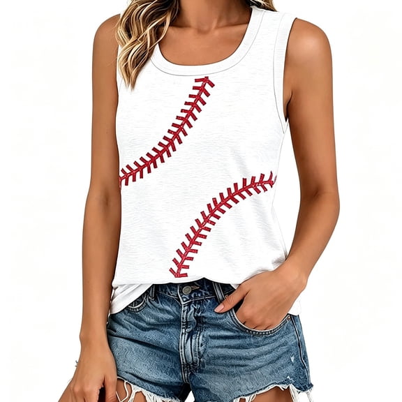 Trendfront Womens Tank Tops Crewneck Baseball Element Graphic Sleeveless Vest Summer Casual Active Sports Game Day Tee Shirt