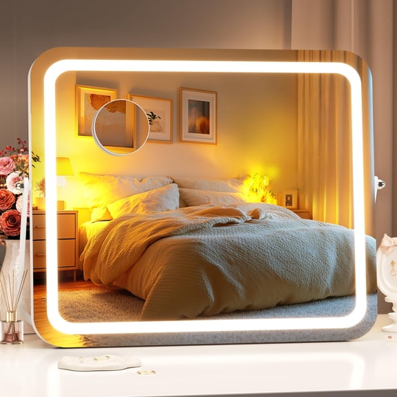 Hasipu 15" x 13" LED Vanity Mirror - White Rectangle Makeup Mirror with 3 Light Modes, Touch Control, Dimmable, 360 Rotation