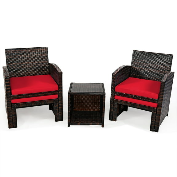 Patiojoy 5 PCS Patio Rattan Wicker Furniture Set Chair Coffee Table Kit w/Soft Cushion Ottoman Red