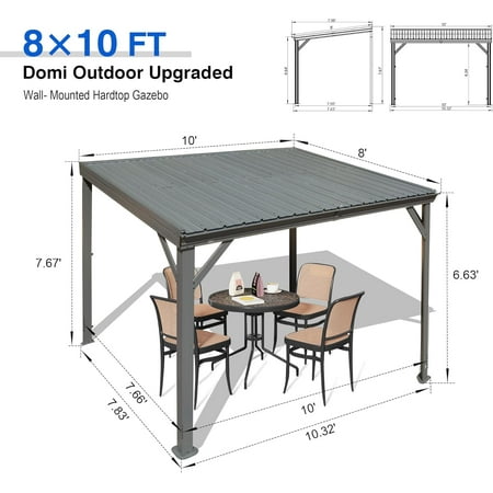 8x10FT Outdoor Lean to Gazebo with Hardtop, Galvanized Steel Roof, Drainage System for Deck, Porch, Backyard