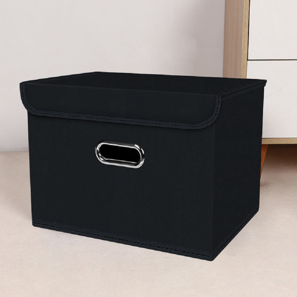 Bevtee Fabric Storage Bins with Lids, 3pc Storage Basket, Collapsible Cube Organizer Container, Metal Handles, for Bedroom, Closet, Black