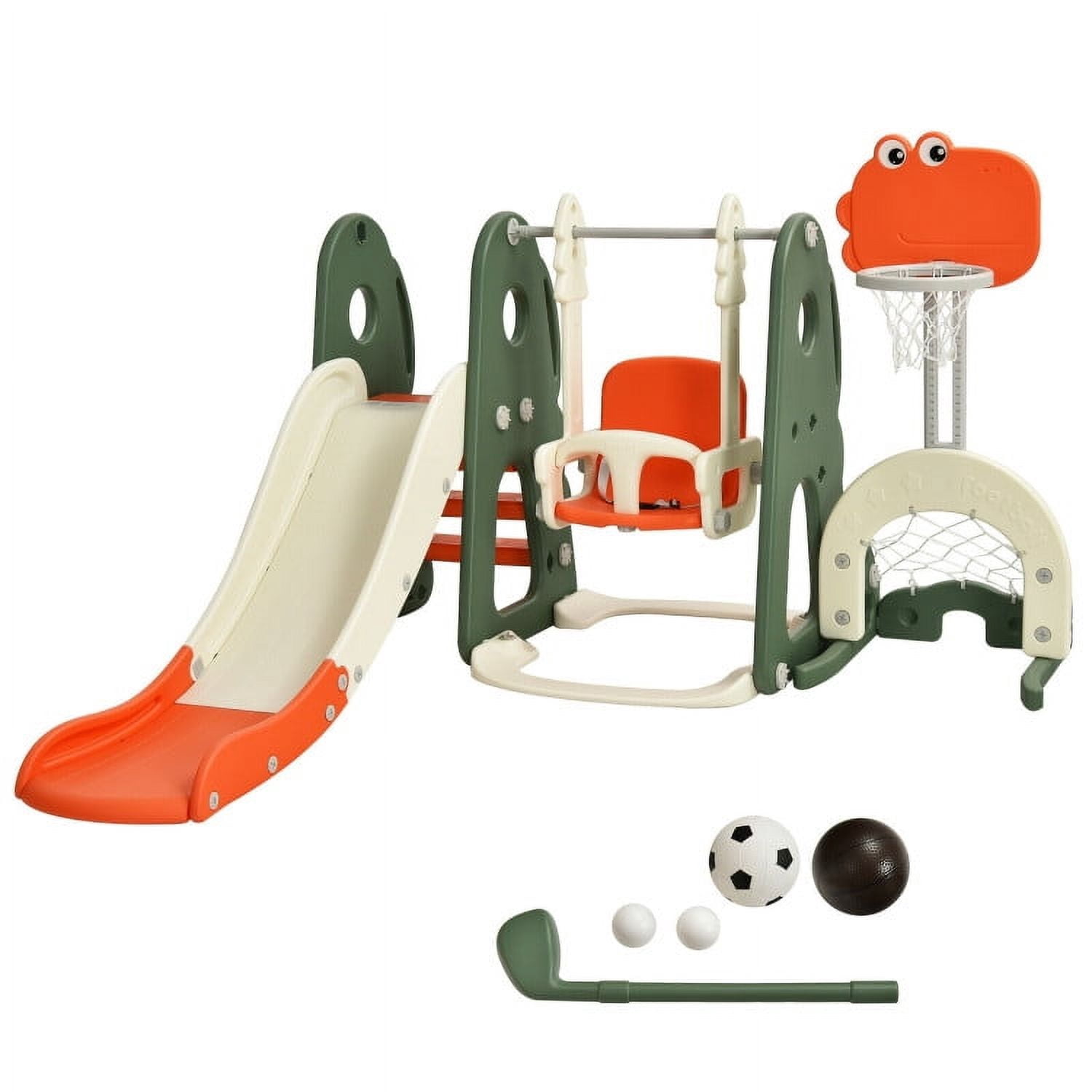 GVN Play Climber Slide Set,6 in 1 Toddler Slide and Swing Set with Ball Games-Orange