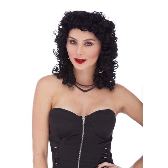 Curly Rocker Color 1 Black - Sepia Wigs Collar Length Showgirl Slash Heavy Metal Synthetic Halloween Cosplay Disfraz Peluca Bundle MaxWigs Costume Wig Care Booklet