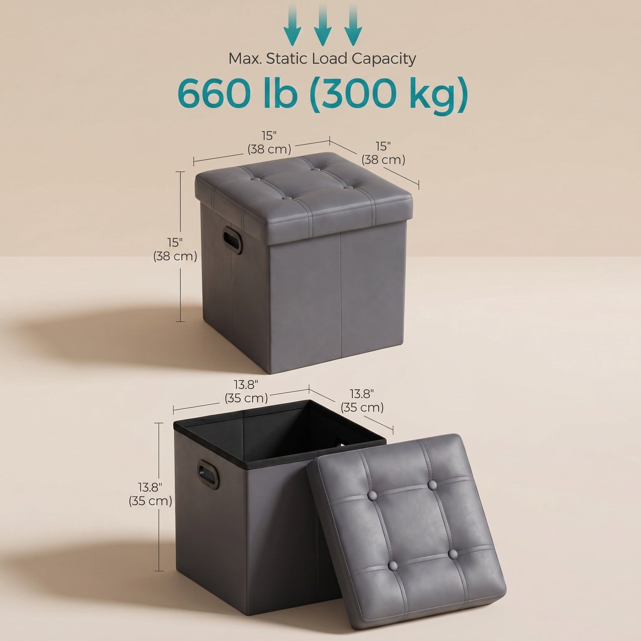 Nordic Hygge 15-Inch Storage Ottoman, Dark Gray Synthetic Leather