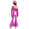 thumbnail image 2 of TSSOE Kids Girls Shiny Metallic Disco Dance Outfits Sparkle Sequins Tassels Crop Tops with Bell Bottoms Long Pants and Hat Hot Pink 16, 2 of 5