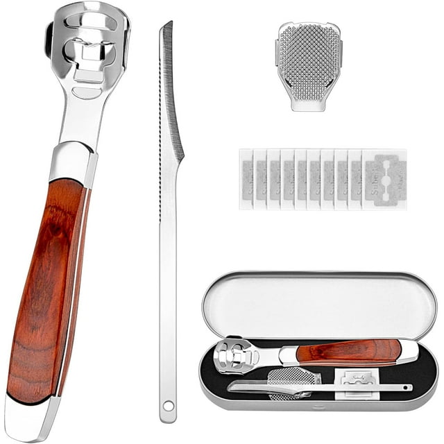 GHSDFBB Auxsoul 13 Pcs Soins des Pieds Éliminateur de Callus, Grattoir pour Pieds Kit de Pédicure pour Callus Rasoir pour Talon Ensembles de Rasoirs pour Callus Incluant Éliminateur de Peau Dure Manche en Bois, Lames, Boîte de Rangement, Couteau de Pédicure pour Re