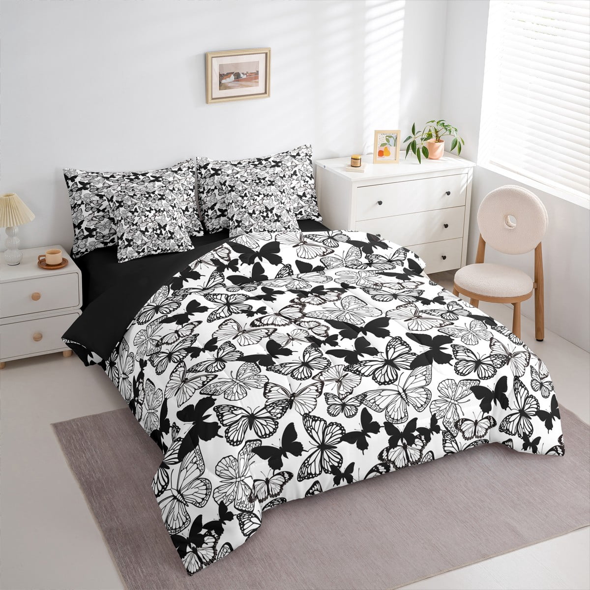Homewish Flying Butterflies 7pcs Bedding Comforter Set for Boys Girls,Black White Queen Bedding Sets Super Cozy,Retro Vintage Queen Sheet Sets,Breathable Home Decor,Reversible