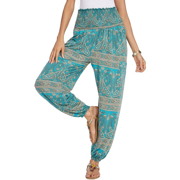 TESNN Women's Boho Pants Comfy Harem Smocked Waist Yoga Pants with