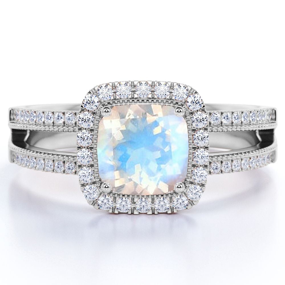 JeenMata Vintage 1.75 ct Cushion Cut Rainbow Moonstone and Moissanite Halo Wedding Ring in 18K White Gold over Silver