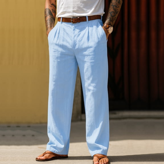 Men's Cotton Linen Solid Color Casual Trousers, Belt Loop Pants for Business Casual, Spring Summer and Daily Wear,Blue,M