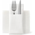 thumbnail image 1 of Paquete de 50 servilletas de tela desechables, bolsillo para cubiertos incorporado, para fiestas de bodas, tacto de lino blanco, dobladas previamente para cubiertos, 1 of 5