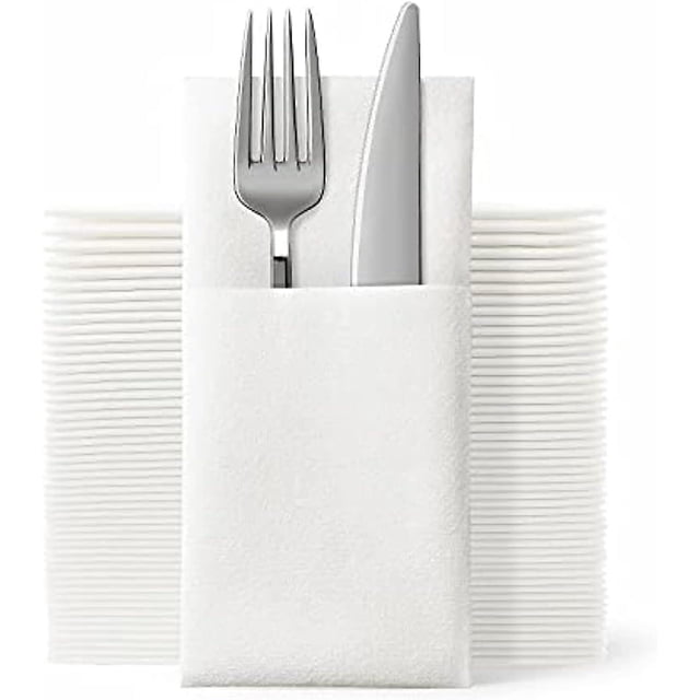 Paquete de 50 servilletas de tela desechables, bolsillo para cubiertos incorporado, para fiestas de bodas, tacto de lino blanco, dobladas previamente para cubiertos