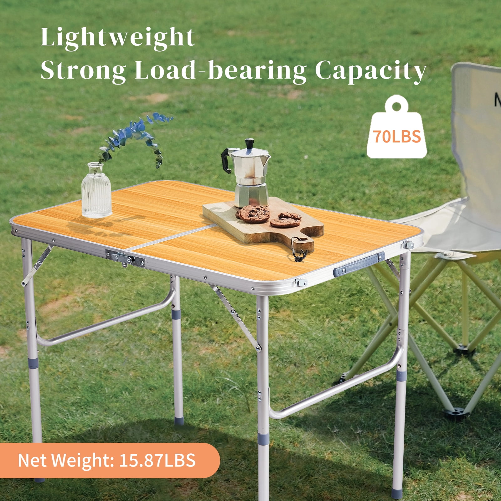 3ft Aluminum Alloy Folding Table, Lockable Legs, Portable & Space-Saving for Parties, Camping & More​, Wood Grain