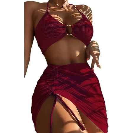 Women s 3 Pieces Beach Swimsuit Slim Solid Color Halter Ribbed Bikini Swimsuit with Cover up Wrap Skirt  Women s Bikini Set 3-Piece Swimsuit High Waist V-Neck Front Spaghetti Straps Swimsuit