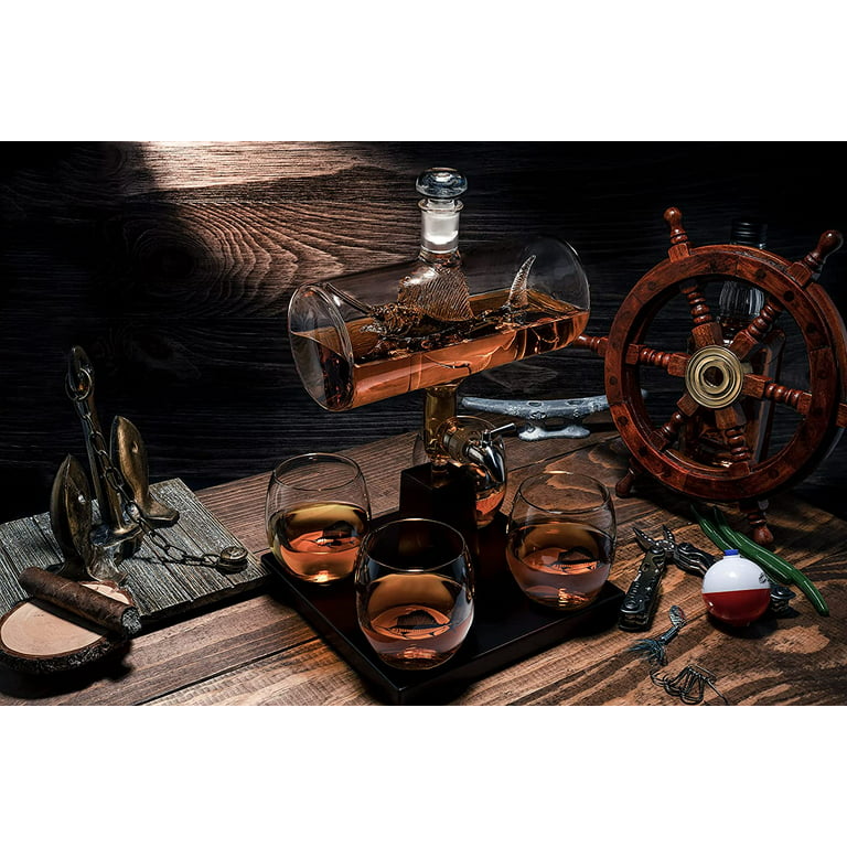 The Wine Savant Sailfish Whiskey Decanter Dispenser and 4 Liquor Glasses