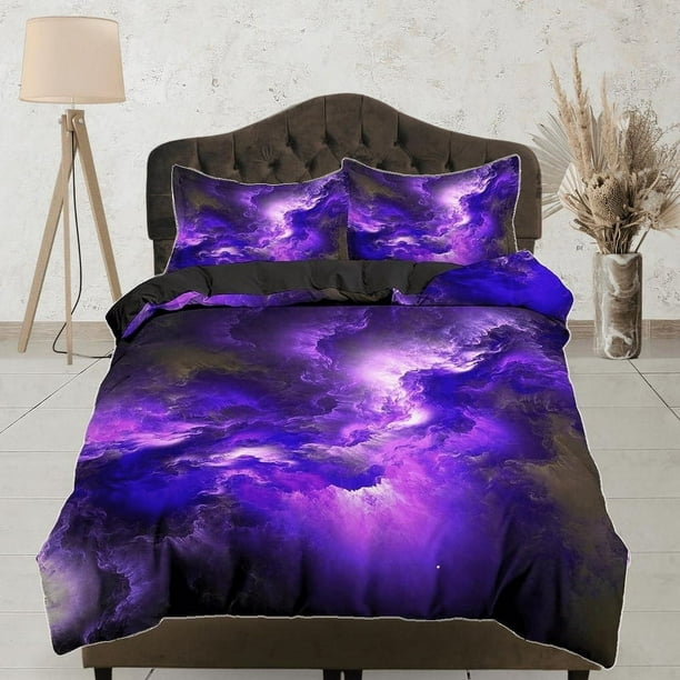 Nebula Galaxy Purple Bedding, 3D Outer Space Bed Set Full, Cosmic Duvet