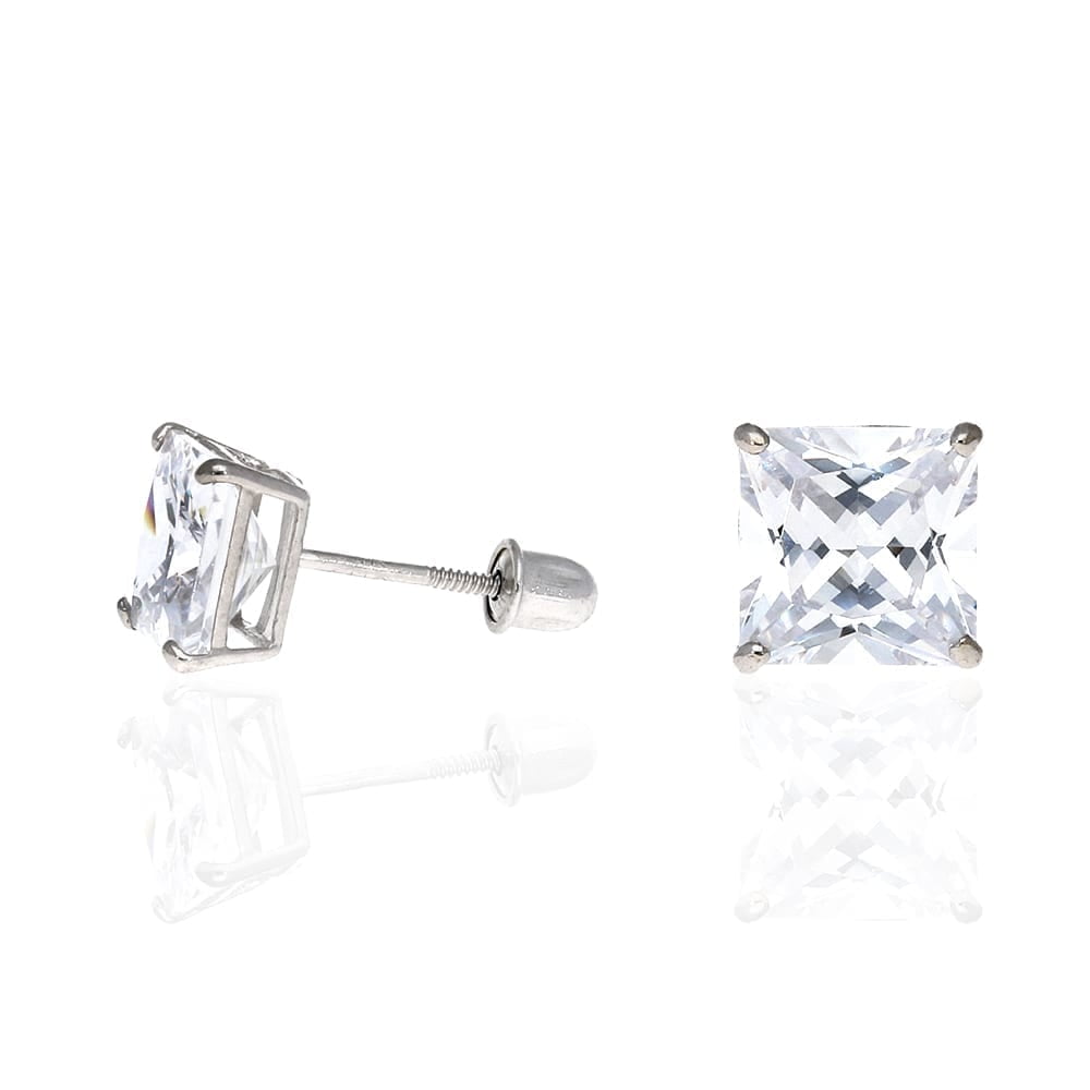 1ct Princess Cut Stud Earrings in Solid 14k Real White Gold Screw Back