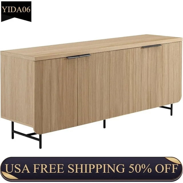 Walker Edison Modern Scandinavian Fluted Door Kitchen Storage Sideboard Buffet Cabinet Console, 69 Inch, Coastal Oak/Black My Lux Decor Round