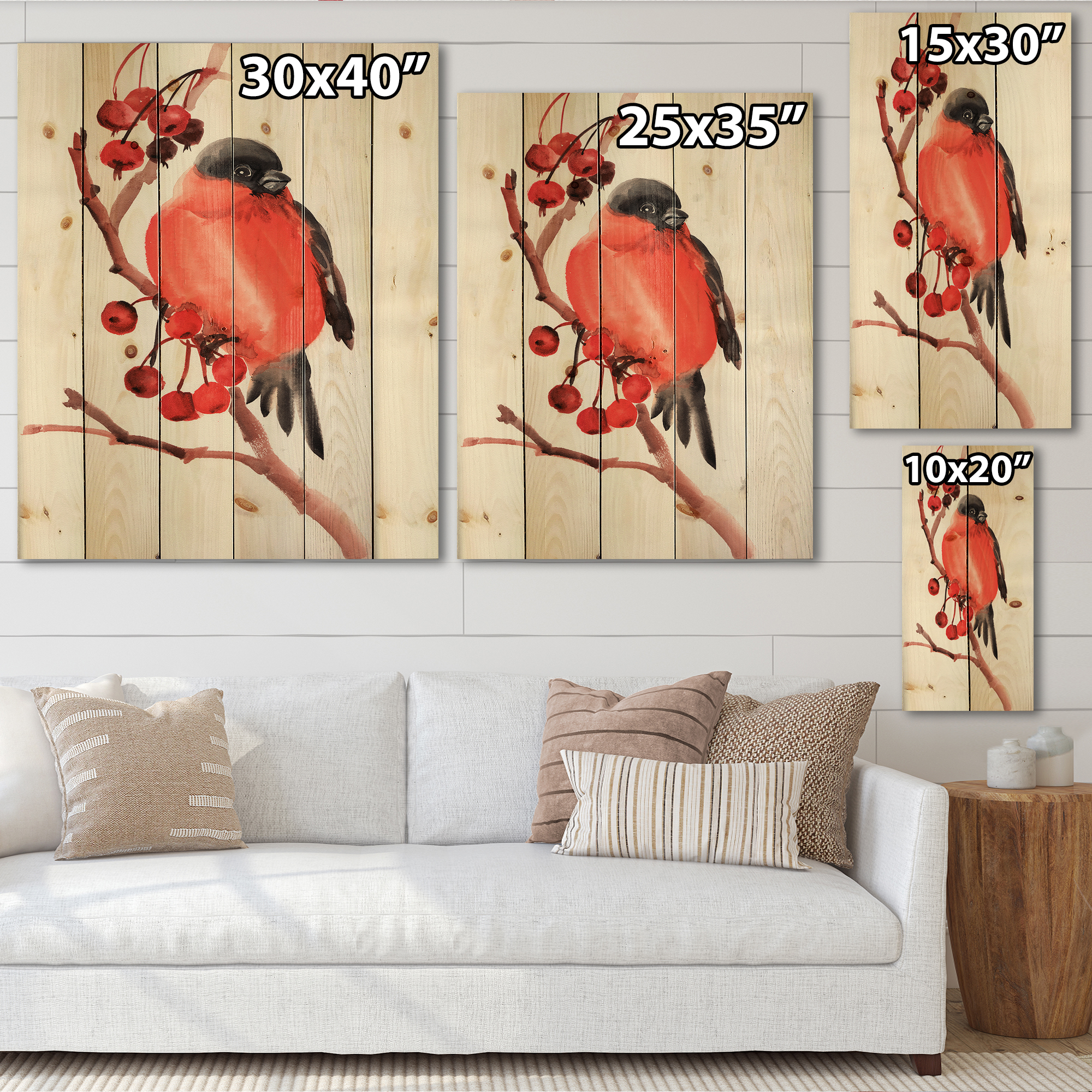 Designart 'Red Bullfinch Bird Sitting On A Branch With Berries' Traditional Print on Natural Pine Wood