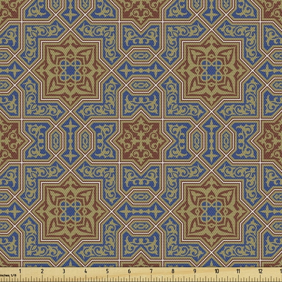 Ambesonne Moroccan Fabric by the Yard Upholstery, Traditional, 10 Yards, Blue Sepia Redwood