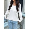 thumbnail image 4 of Women Long Sleeve Cable Knit Sweater Fashion V Neck Fitted Pullover Top Business Casual Fall Outfits White XL, 4 of 7