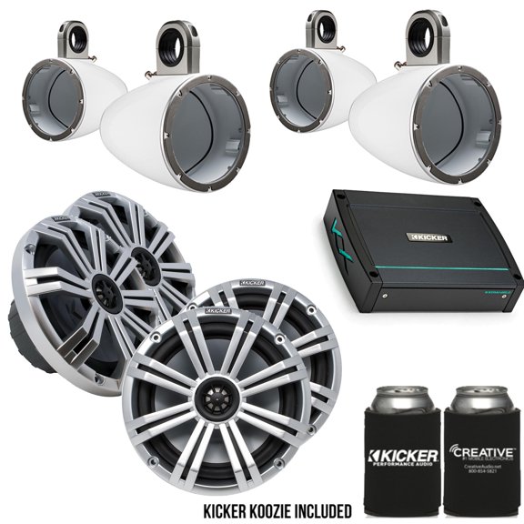 Kicker 8" WhiteSilver Wake Tower LED Marine Speakers 2-Pairs with 400 Watt KXMA Marine Amplifier