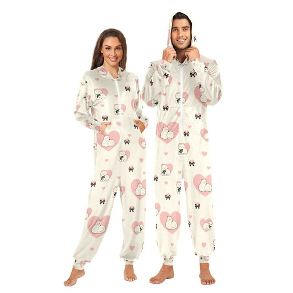 Adult Christmas Onesie Bow Cat Pattern Zipper One-Piece Pajamas Unisex with Pockets