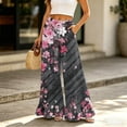 thumbnail image 2 of Boho Print Palazzo Pants for Women, High Waist Drawstring Wide Leg Trousers - Summer Flowy Ruffle Hem Lounge Bottoms Pink L, 2 of 7