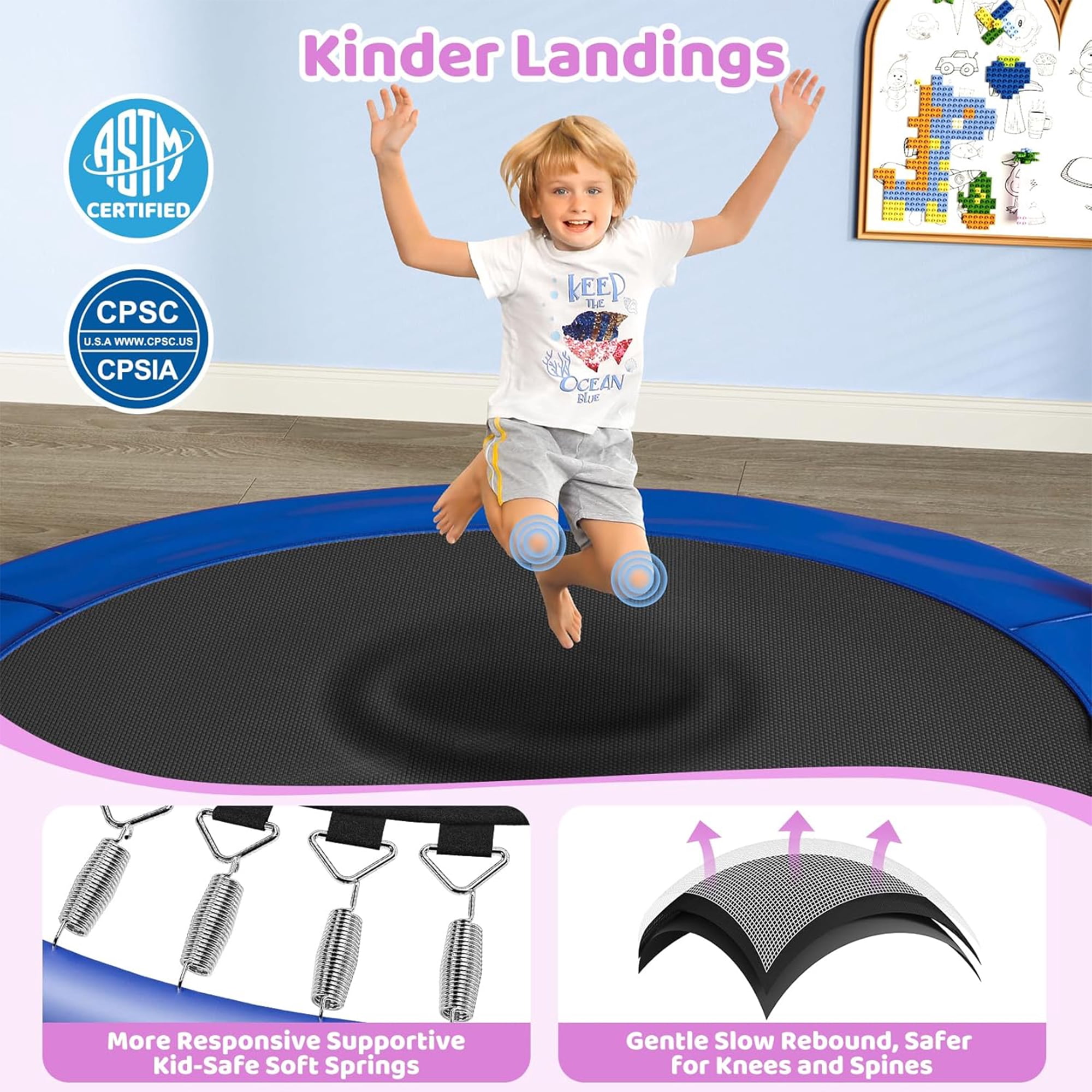Toremore 55" Trampoline for Kids with Enclosure, 6-in-1 Kid Trampoline Indoor & Outdoor, Toddle Trampoline with Adjustable Gymnastics Bars, Blue