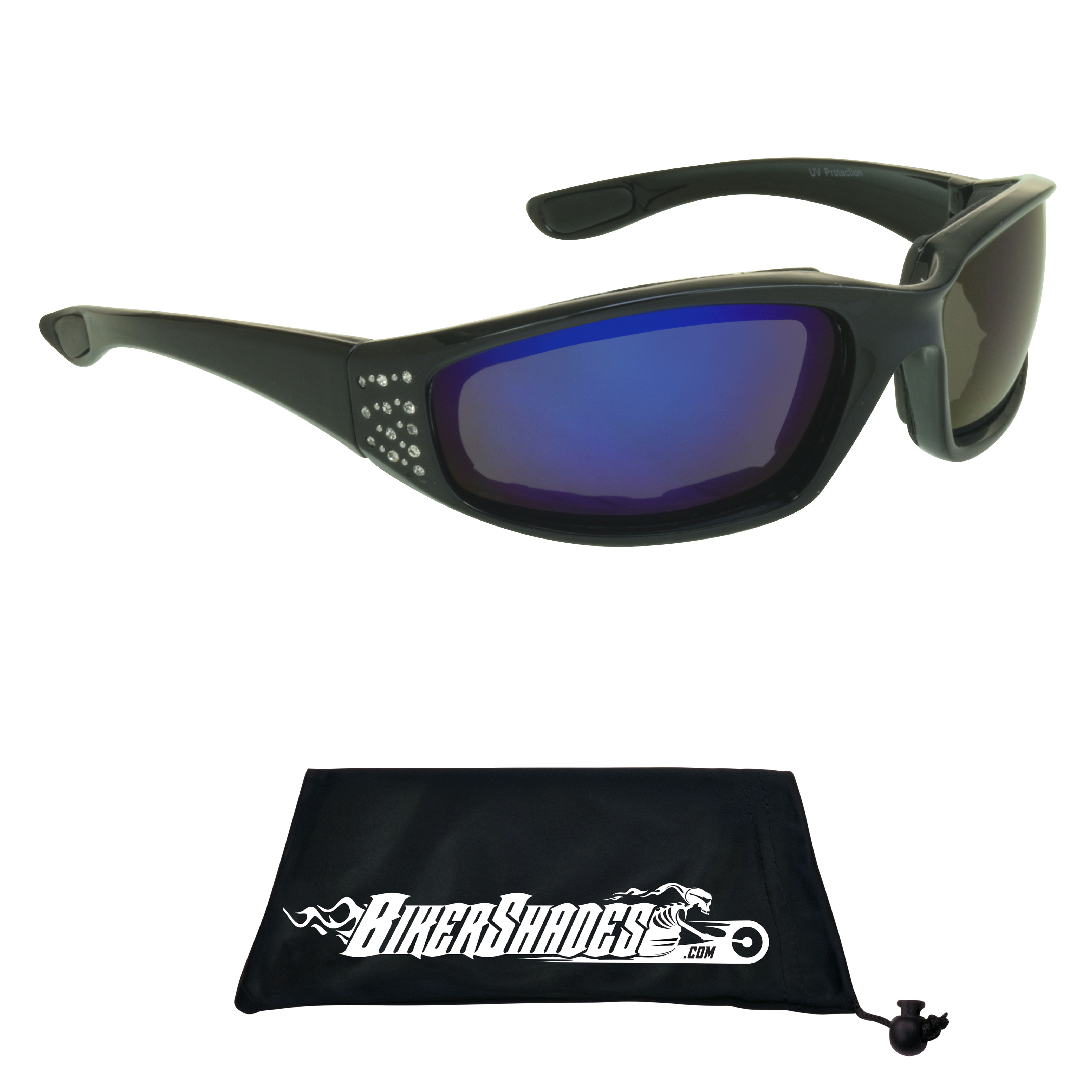 Chrome and Black Frame Anti Glare Mirrored Motorcycle Sunglasses with Rhinestones Foam Padded for Women 