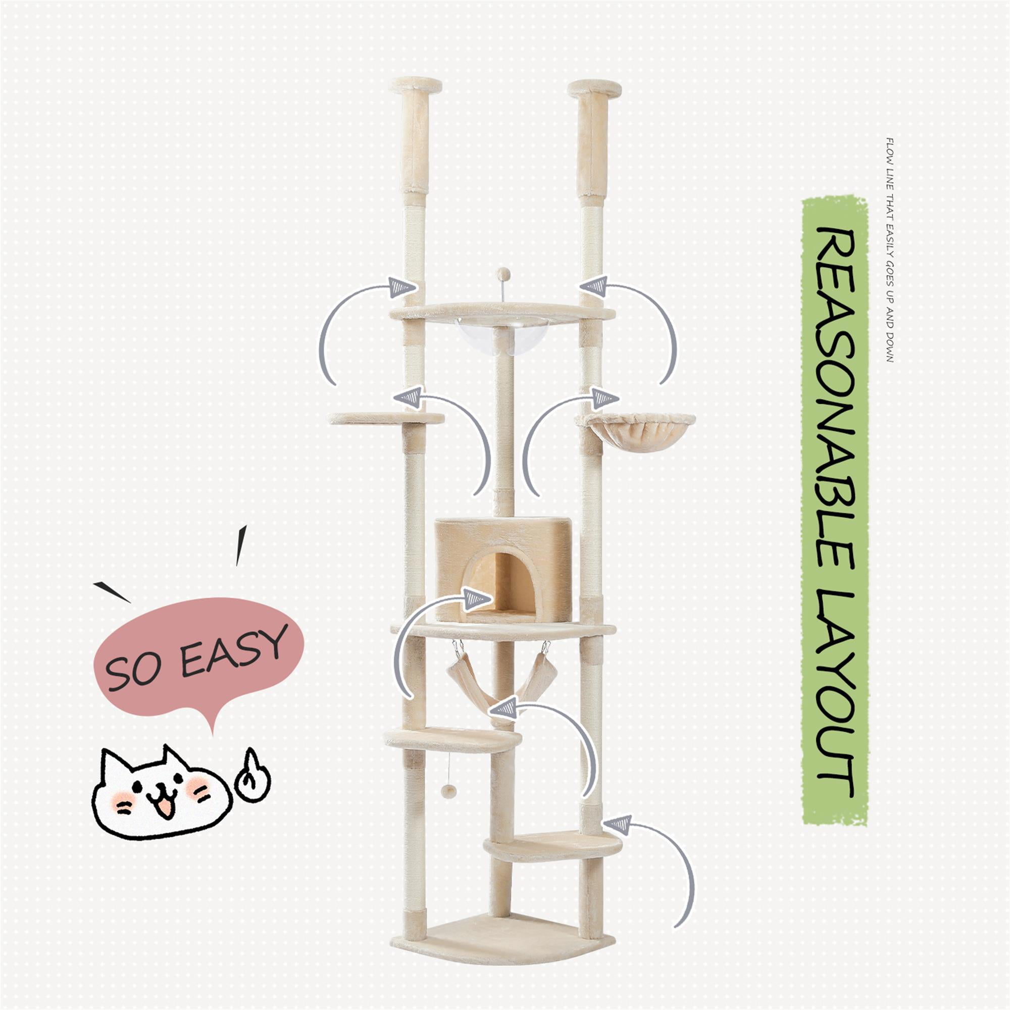 Pefilos Stable Adjustable (92-101)" Cat Tree for Indoor Cats Tall Cat Climbing Tree Cat Tower for LargeCats with Perches Multi-Level Cat Furniture Condo for Multiple Cats, Beige