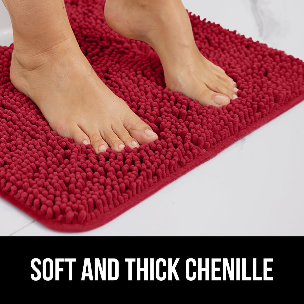 GORILLA GRIP Chenille Bath Rug 30x20, Rubber Backing Quick Dry Washable Microfiber Mats, Red