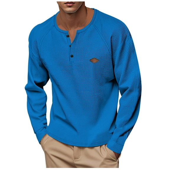 YUGYXL Henley Raglan Long Sleeve Shirts for Men Waffle Thermal Fashion Casual Tee Shirt Three Button Lightweight Pullover Blue XXXL