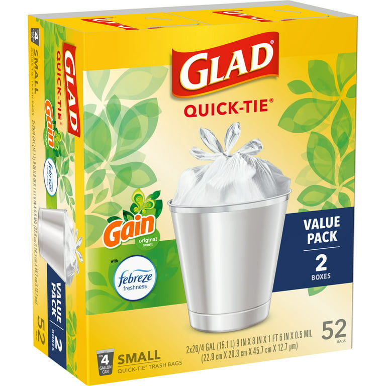 Glad OdorShield Quick-Tie Small Trash Bags, 4 gal, 0.5 mil, 8 x 18,  White, 26 Bags/Box, 6 Boxes/Carton (78812)