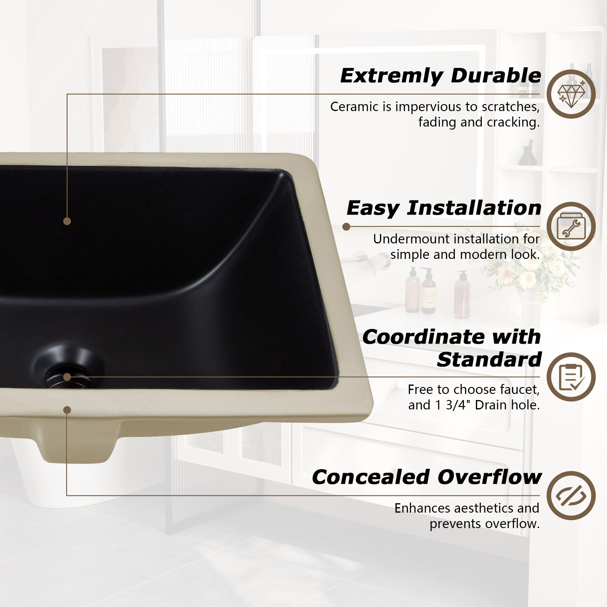 DV-1U306B DeerValley Ursa Undermount Bathroom Sink 18" X 13" Rectangular Vitreous China with Overflow