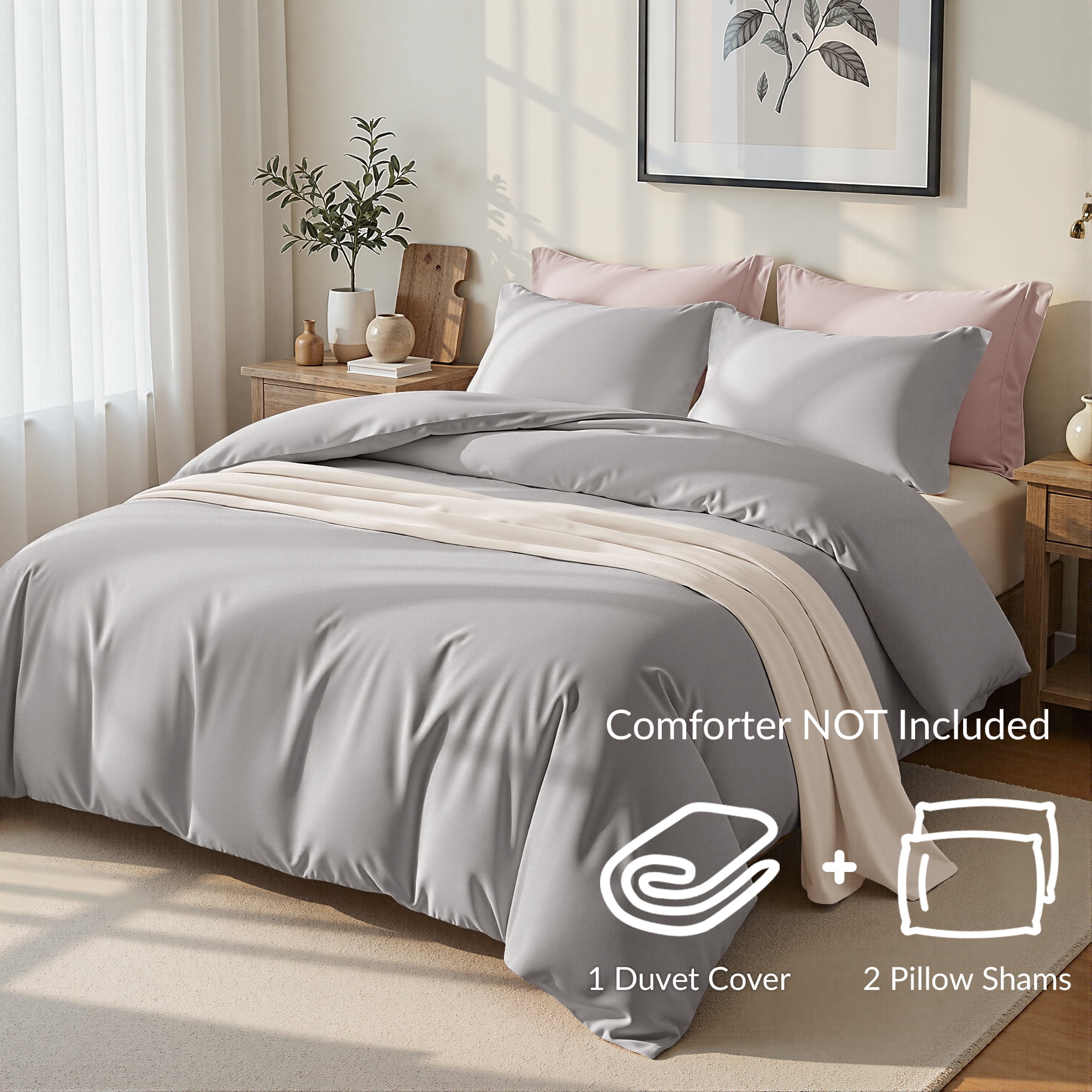 Exclusivo Mezcla Queen Bedding Duvet Cover Set, 3 Pieces Lightweight Comforter Cover with Pillow Shams (Light Grey)