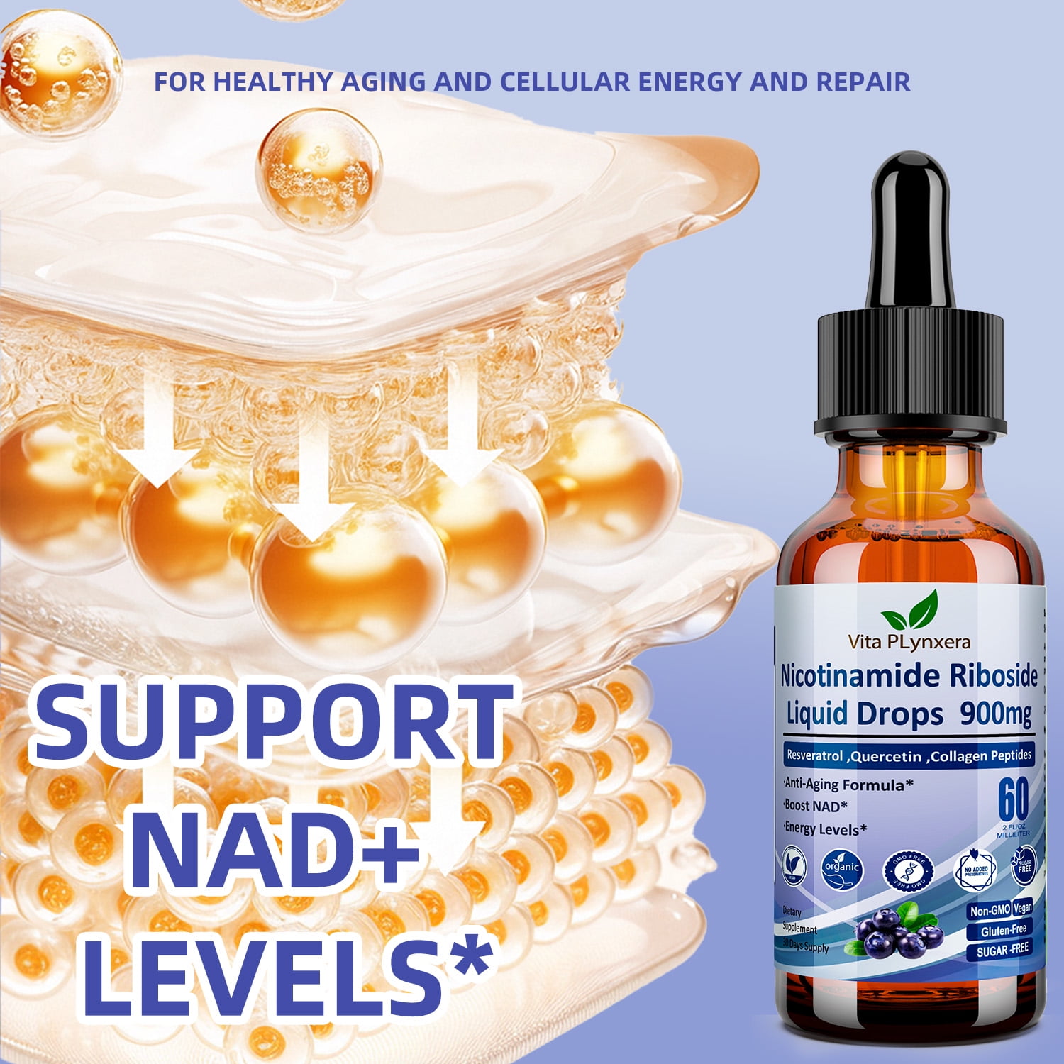 VitaPLynxera NAD+ Liquid Drops Nicotinamide Riboside Resveratrol 900mg  NAD+ Supplement with Quercetin, Collagen, Biotin 6-in-1 Formula for Women & Men | 60ml
