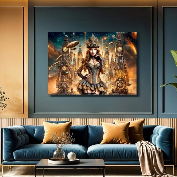 Empress of the Clockwork Skyline Canvas Print – Steampunk Cityscape Art, Vintage Futuristic Wall Decor